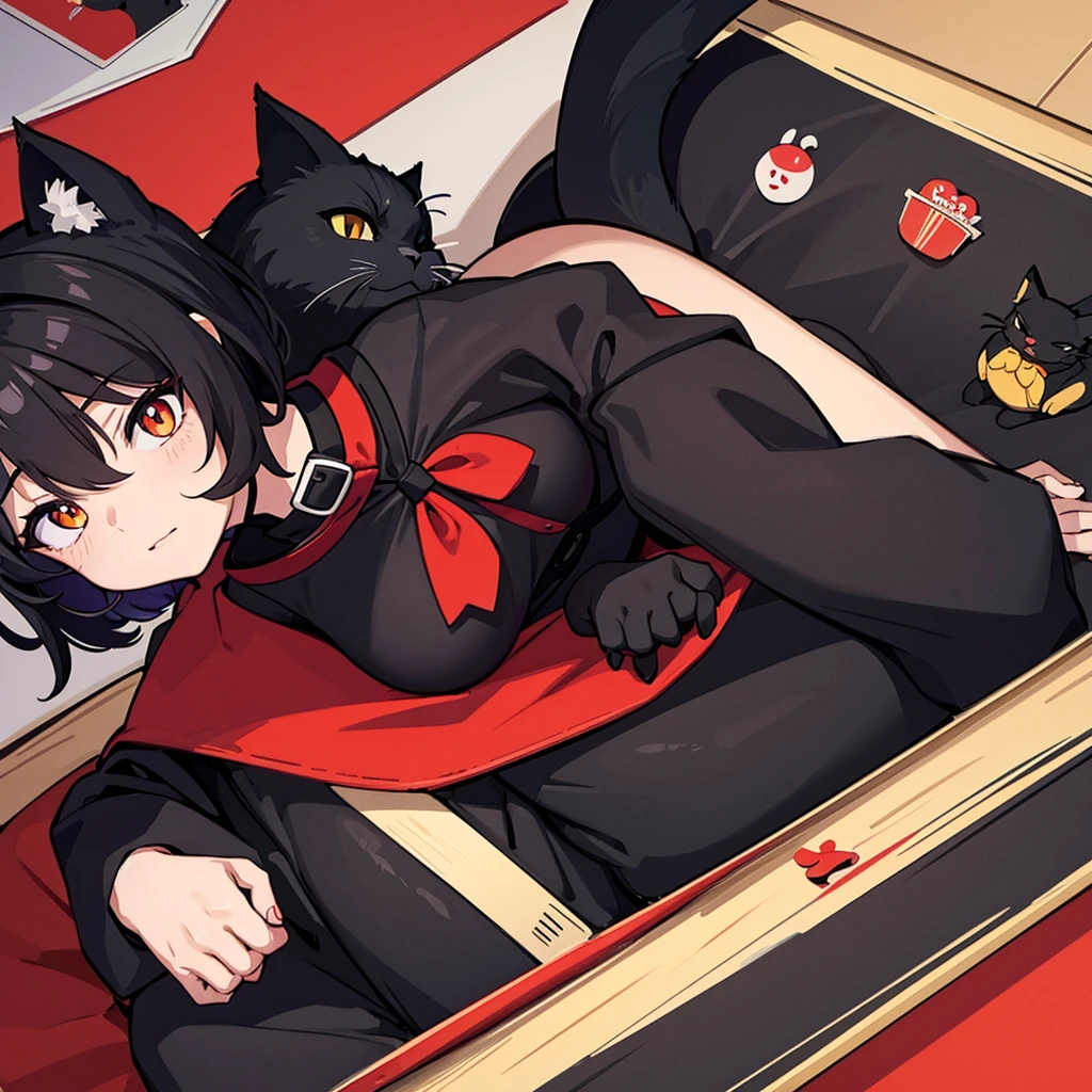 (黒いCat、Red collar、Cat)、high quality, 8K、Best illustrations