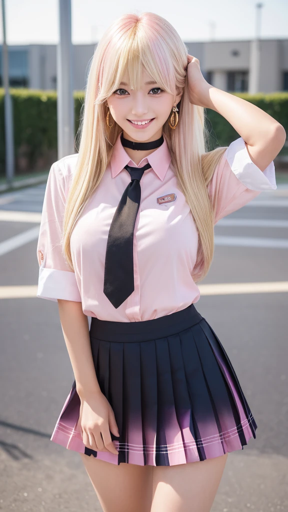 Mix 4, (8K, RAW Photos, Highest quality, masterpiece: 1.45), (Realistic, photoRealistic: 1.37), kitagawa marin, (Blonde, Pink gradient hair:1.5), ((Long Hair:1.5, Sink bangs,Colorful Hair, Red eyes)),(((Indian Style)))、Japanese women, ,high School studeType, (Big Breasts:1.1), Narrow waist, Beautiful Face, Beautiful Eyes, , jewelry,Earrings, White shirt, Shirt with tie, Black Choker, Blue tie, Checked skirt, White panties、Grin, smile, Are standing, Cowboy Shot, Schoolyard、hight School, 1 Girl, alone, Detailed face and eyes, Upper body photo. Realistic, Realistic.Marin Gyaru,School_uniform