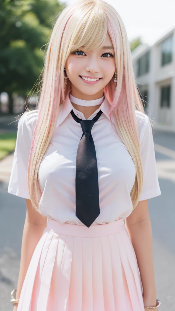 Mix 4, (8K, RAW Photos, Highest quality, masterpiece: 1.45), (Realistic, photoRealistic: 1.37), kitagawa marin, (Blonde, Pink gradient hair:1.5), ((Long Hair:1.5, Sink bangs,Colorful Hair, Red eyes)),(((Indian Style)))、Japanese women, ,high School student、Model Body Type, (Big Breasts:1.1), Narrow waist, Beautiful Face, Beautiful Eyes, , jewelry,Earrings, White shirt, Shirt with tie, Black Choker, Blue tie, Checked skirt, White panties、Grin, smile, Are standing, Cowboy Shot, Schoolyard、hight School, 1 Girl, alone, Detailed face and eyes, Upper body photo. Realistic, Realistic.Marin Gyaru,School_uniform