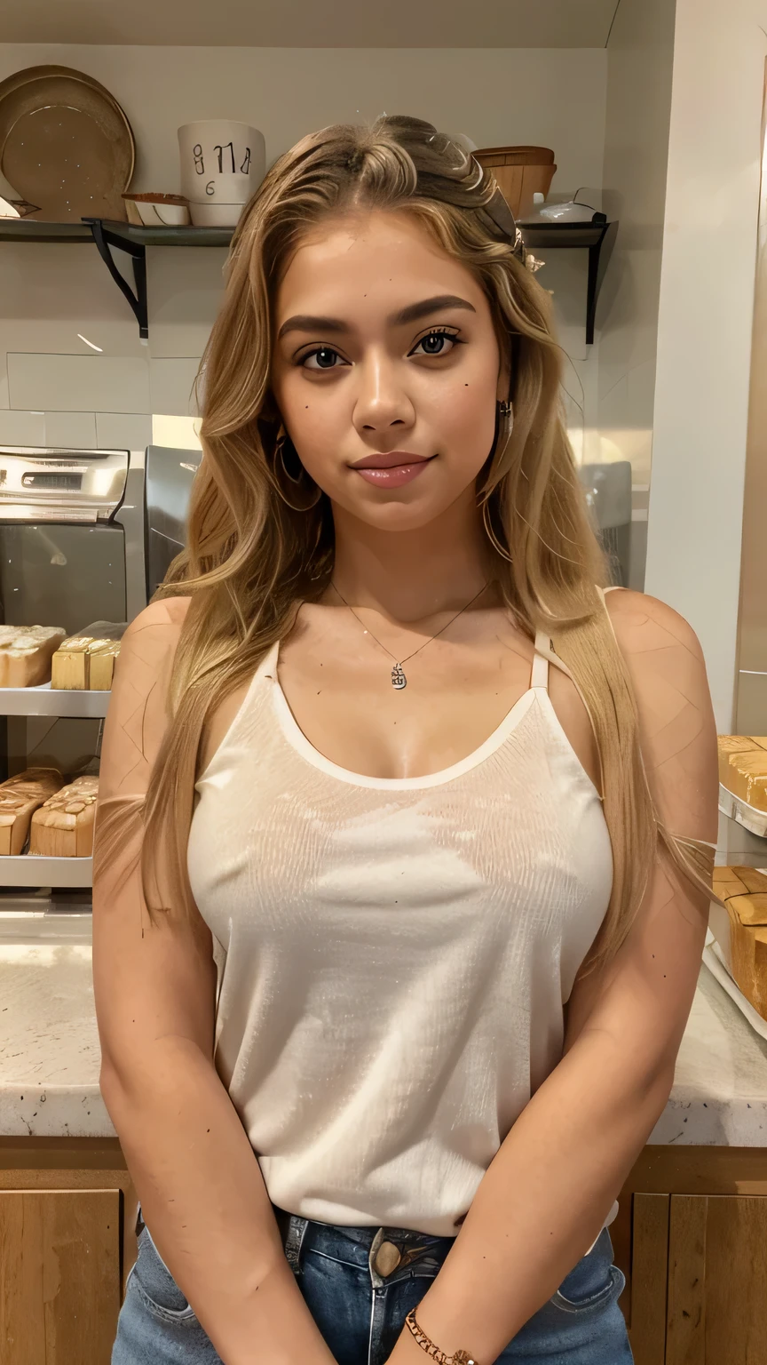 Full body Picture off a casual outfit and sparkling jewelry, 19 years old latina, girl, blonde hair, highly, realistic, detailled face and beautiful clear skin, realistic amber eyes, big natural , mid hair, freckle mid face, seductive smirk with latina make up and gloss in a bakery