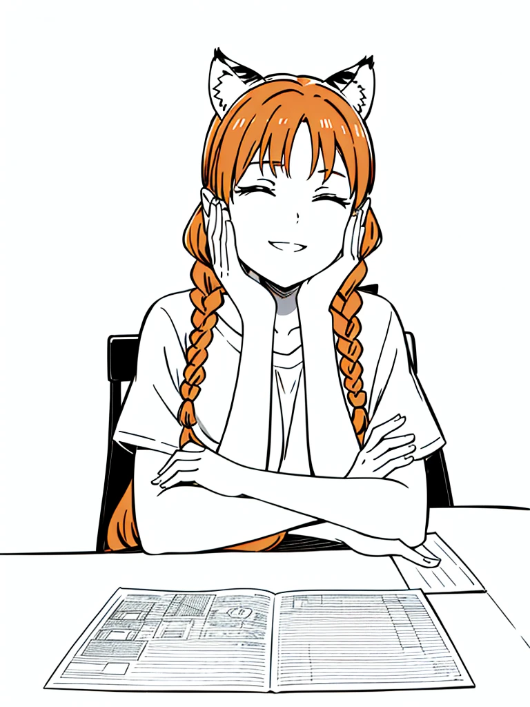 1girl,20 years old,solo,mature female,tiger ears,long hair,(twin braids),orange hair,casual,(white background,line drawing),closed eyes,open mouth,smile,from front,pov across table,waving, waving arm,hand_on_own_face, head_rest, hand_on_own_cheek