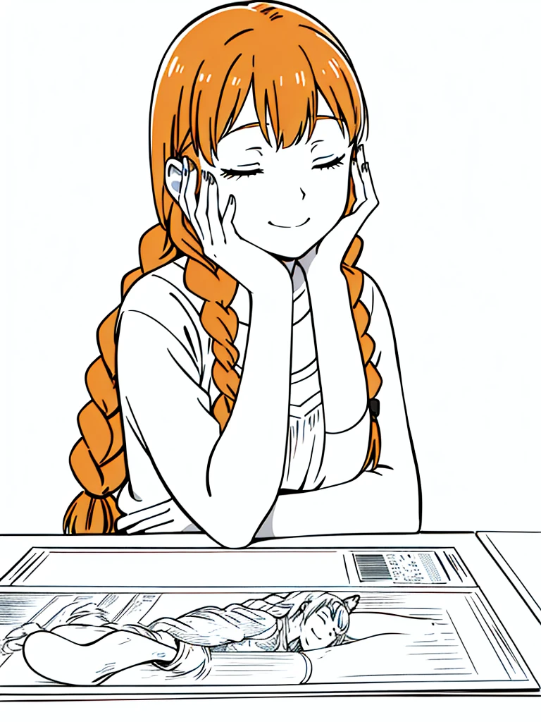 1girl,20 years old,solo,mature female,tiger ears,long hair,(twin braids),orange hair,casual,(white background,line drawing),closed eyes,open mouth,smile,from front,pov across table,waving, waving arm,hand_on_own_face, head_rest, hand_on_own_cheek