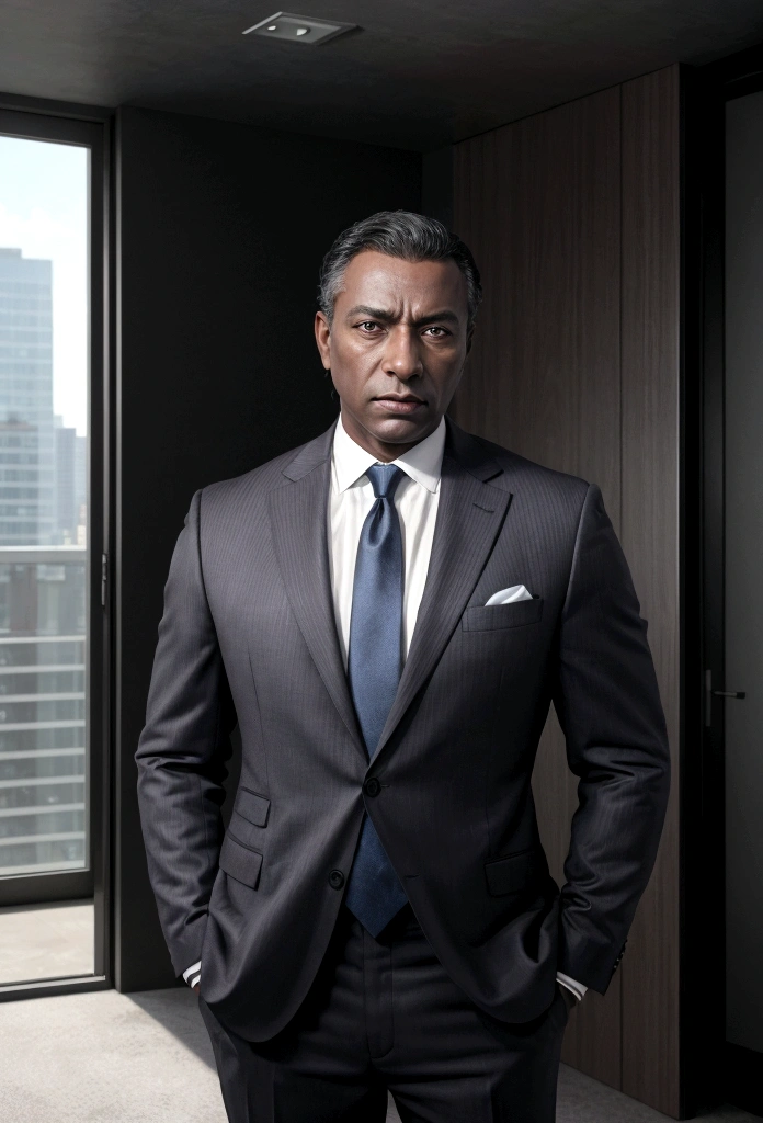 Create for me a realistic dark-skinned businessman in portrait, There will be a building in the background, he is standing in the room