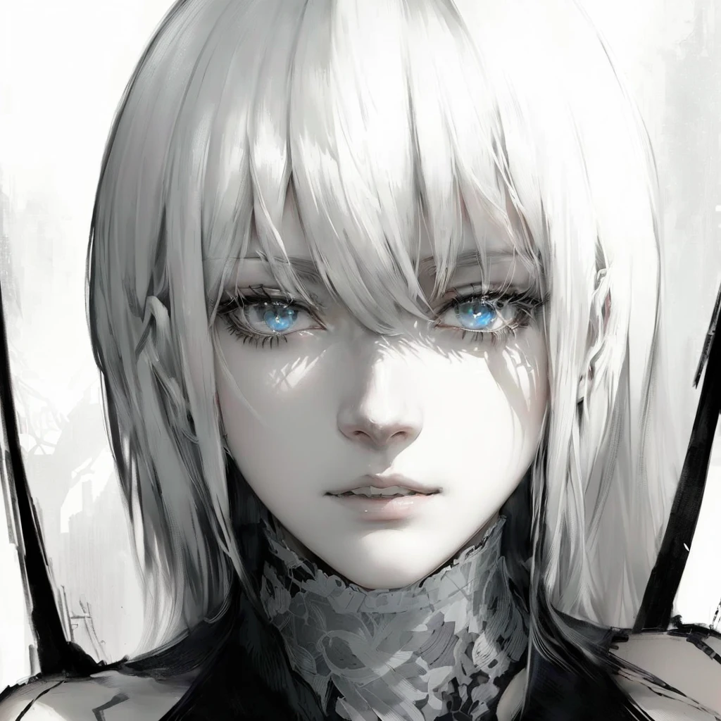 drawing of a woman with long hair and black and white image, Nier autoamata, Nier, his portrait in the manga, kaneki ken, Nier 2 b, 2b Nier automata, stunning anime face portrait, Claymore, Sui Ishida back manga, manga digital art, detailed portrait of an anime girl, murderous with guilt!