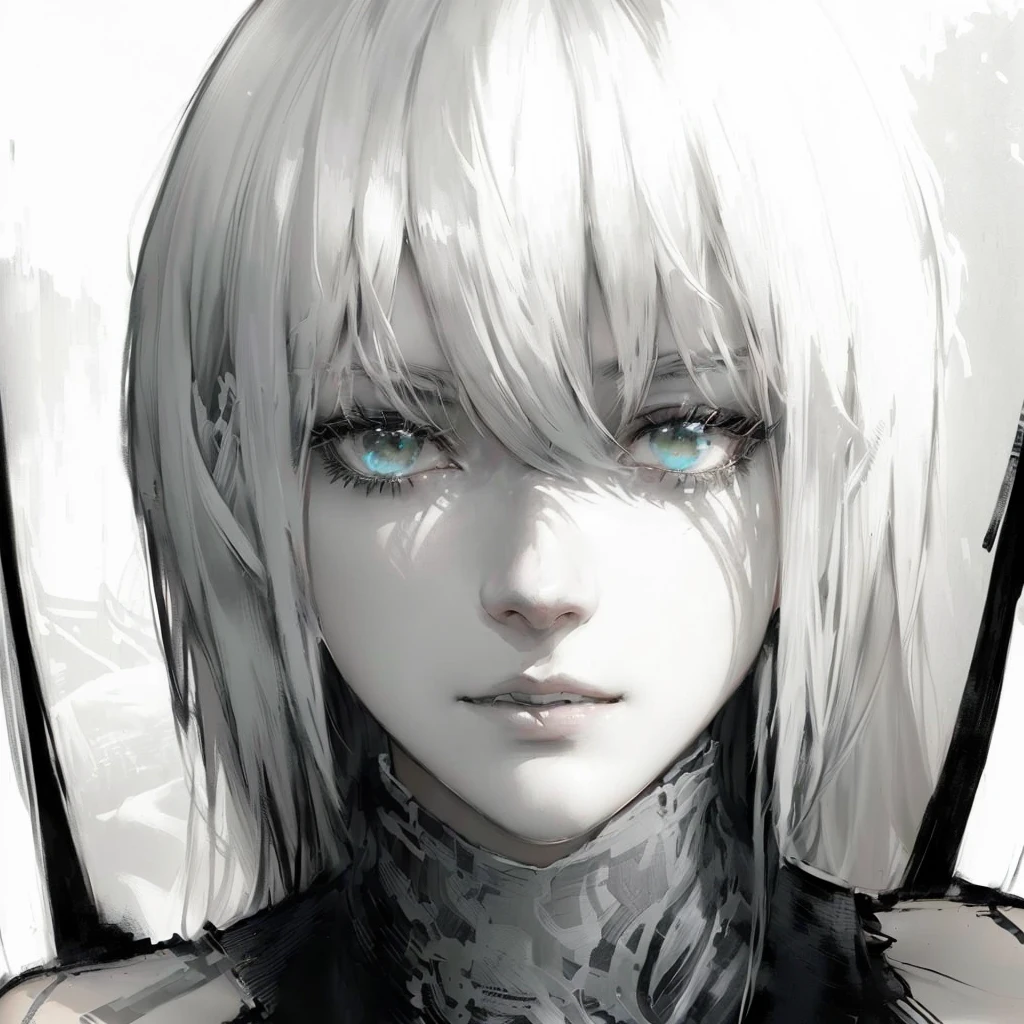 drawing of a woman with long hair and black and white image, Nier autoamata, Nier, his portrait in the manga, kaneki ken, Nier 2 b, 2b Nier automata, stunning anime face portrait, Claymore, Sui Ishida back manga, manga digital art, detailed portrait of an anime girl, murderous with guilt!