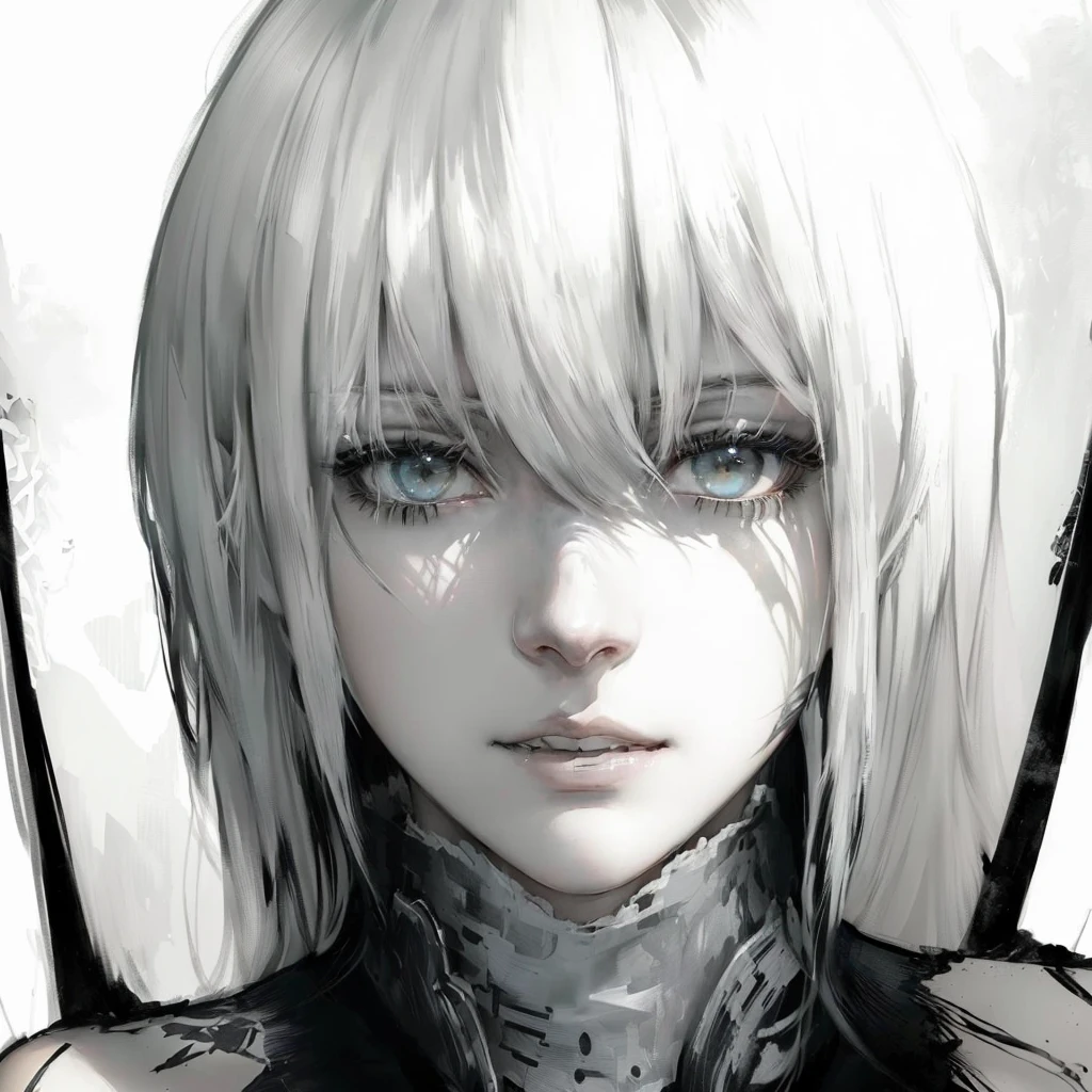drawing of a woman with long hair and black and white image, Nier autoamata, Nier, his portrait in the manga, kaneki ken, Nier 2 b, 2b Nier automata, stunning anime face portrait, Claymore, Sui Ishida back manga, manga digital art, detailed portrait of an anime girl, murderous with guilt!