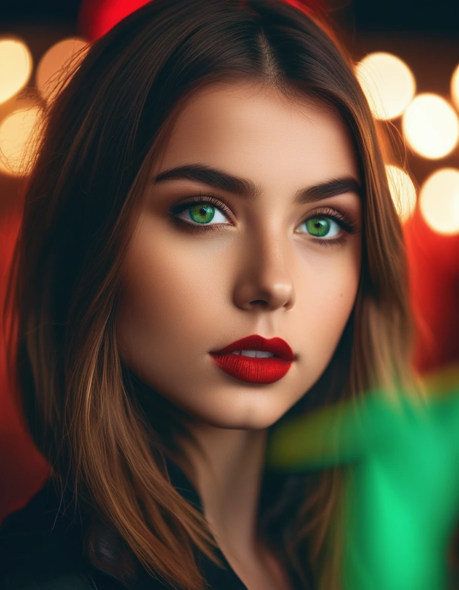 cinematic Instagram profile photo Masterpiece photography of a beautiful 19 year old girl, green shiny eyes, big eyeashes red big lips highly detailed face and skin; trending at artstation sharp focus bright studio lighting hyperrealism 8k wide angle shallow depth shading hdr 4K high definition cgsociety stunning intricate elegant digital painting concept design matte drawing 3/point perspective neon atmosphere dramatic cinematic composition with volumetric   . 35mm photograph, film, bokeh, professional, 4k, highly detailed
