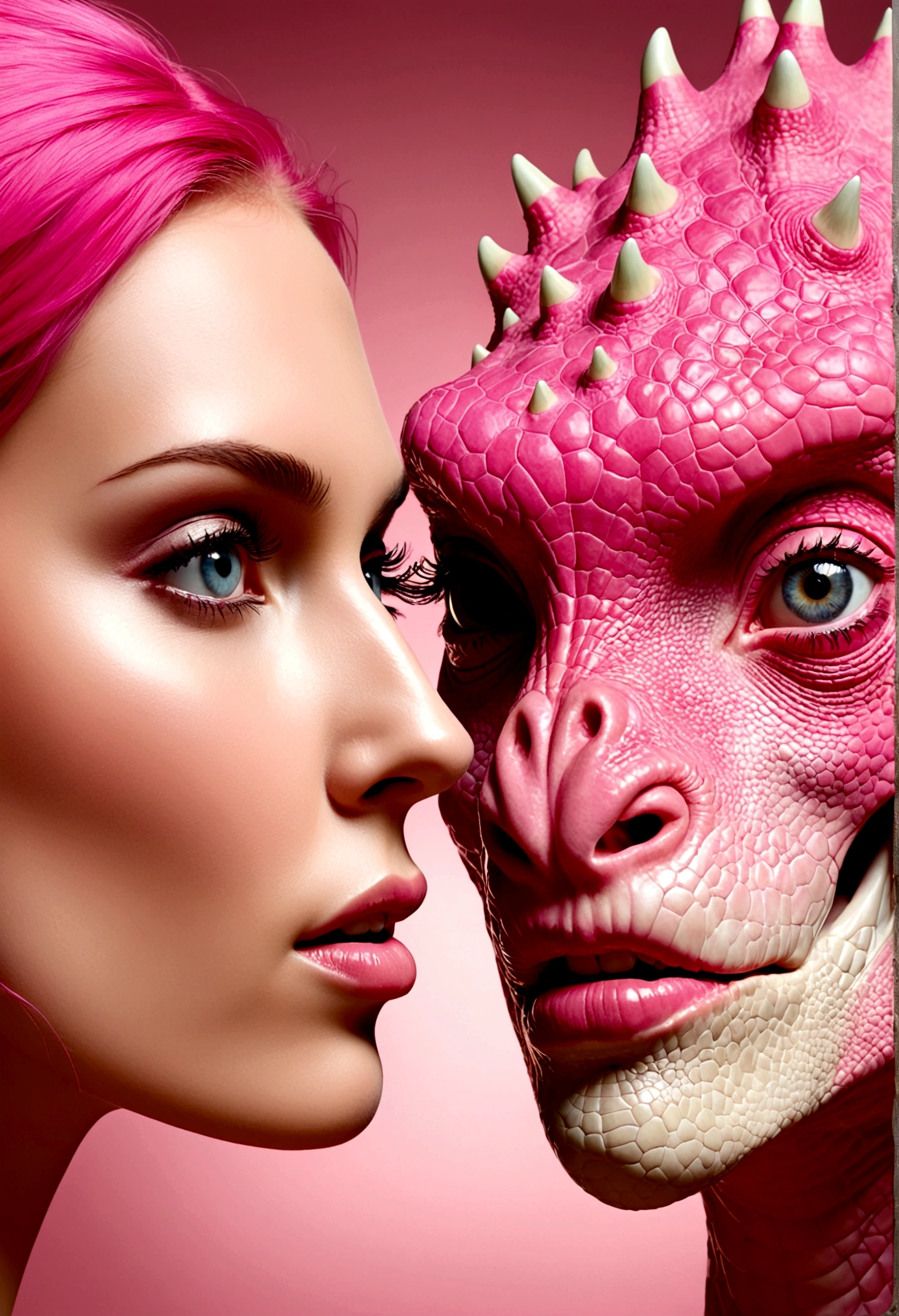 une femme double visage : with a human face on the right side and a pink dinosaur on the left side, beautiful gemini, humaine et dinosaure rose