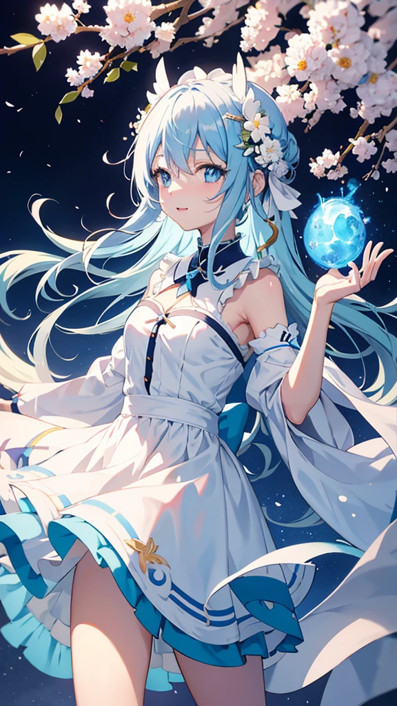 Anime Girl,light blue hair,blue eyes,White裙子,White,Flower headdress,Standing in the flower field,Smile,Starry sky background,Popular topics on artstation pixiv, Digital Art on pixiv, anime art wallpaper 8 k, guweiz on pixiv artstation, Anime Art Wallpaper 4k, Anime Art Wallpaper 4K, Top rated on Pixiv, Beautiful anime artwork, Pixiv competition winner,(Multi-angle)