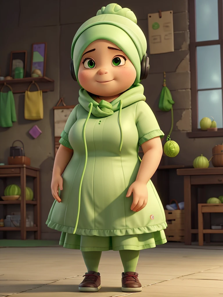 A Cabbage cartoon short fat woman wearing a green hijab and holds her mobile and earphones
