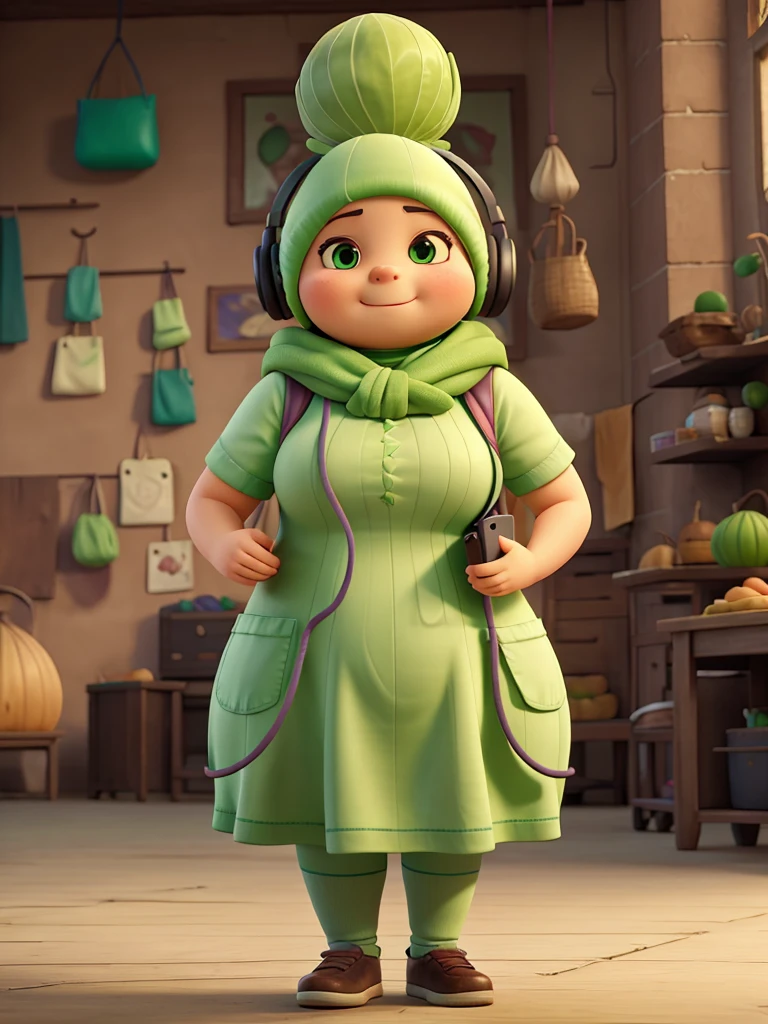 A Cabbage cartoon short fat woman wearing a green hijab and holds her mobile and earphones