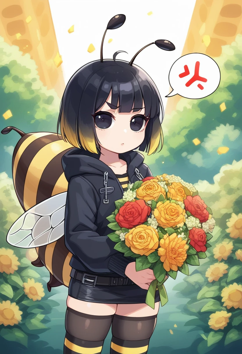 score_9, score_7_up, score_6_up, 1girl, source_cartoon, source_anime,breathtalking Scenery,watercolor,smooth soft skin, natural skin,anime screencap,mjm,rating_questionable,
BREAK
1girl(hornet girl:1.4), bee girl,(little female child:1.3), (loli:1.3),6 yo, kawaii,baby face,small breast, cute face,oily skin,(Phat ass:0.6)
BREAK
(black lob hair:1.4),(black bob cut:1.3),(yellow gradient hair:1.2),(yellow dip-dye hair:1.1),ahoge,highlight on eyes,(nail_polish:1.1), beautiful eyes, detailed eyes, puffy eyes,black eyes,
BREAK
(bee antennae:1.3), (PVC material Extremely small bee wings:1.1), (bee wings:1.1),symmetry bee wings, anger vein,anguish,(spoken squiggle:1.5),spoken anger,angry
BREAK
belt buckle,black jacket, zip up, (pencil Skirt:1.1),(yellow striped black stockings:1.3),pierce,chain accessory,punk rock, croped shirt
BREAK
looking up,upturned eyes,flowerbackground,flowergarden,flower bouquet, (digits behind bouquet:1.3), (hands behind bouquet:1.3),falling petals,
(holding bouquet:1.1), celebration, Congratulations,confetti, bloom effect,dynamicangle,pastelcolor,
