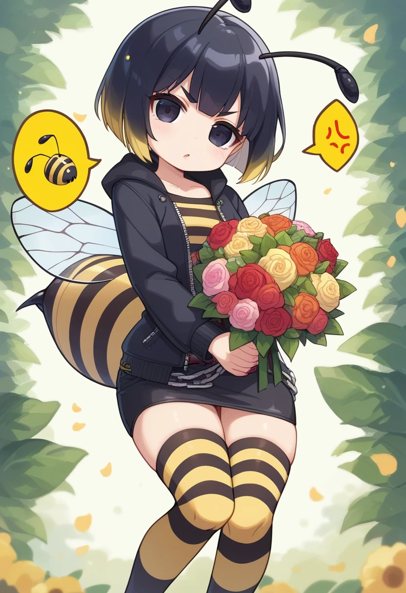 score_9, score_7_up, score_6_up, 1girl, source_cartoon, source_anime,breathtalking Scenery,watercolor,smooth soft skin, natural skin,anime screencap,mjm,rating_questionable,
BREAK 
1girl(hornet girl:1.4), bee girl,(:1.3), (loli:1.3),6 yo, kawi,baby face,small breasace,oily skin,(Phat ass:0.6)
BREAK 
(black lob hair:1.4),(black bob cut:1.3),(yellow gradient hair:1.2),(yellow dip-dye hair:1.1),ahoge,highlight on eyes,(nail_polish:1.1), beautiful eyes, detailed eyes, puffy eyes,black eyes,
BREAK 
(bee antennae:1.3), (PVC material Extremely small bee wings:1.1), (bee wings:1.1),symmetry bee wings, anger vein,anguish,(spoken squiggle:1.5),spoken anger,angry
BREAK
belt buckle,black jacket, zip up, (pencil Skirt:1.1),(yellow striped black stockings:1.3),pierce,chain accessory,punk rock, croped shirt
BREAK
looking up,upturned eyes,flowerbackground,flowergarden,flower bouquet, (digits behind bouquet:1.3), (hands behind bouquet:1.3),falling petals,
(holding bouquet:1.1), celebration, Congratulations,confetti, bloom effect,dynamicangle,pastelcolor,