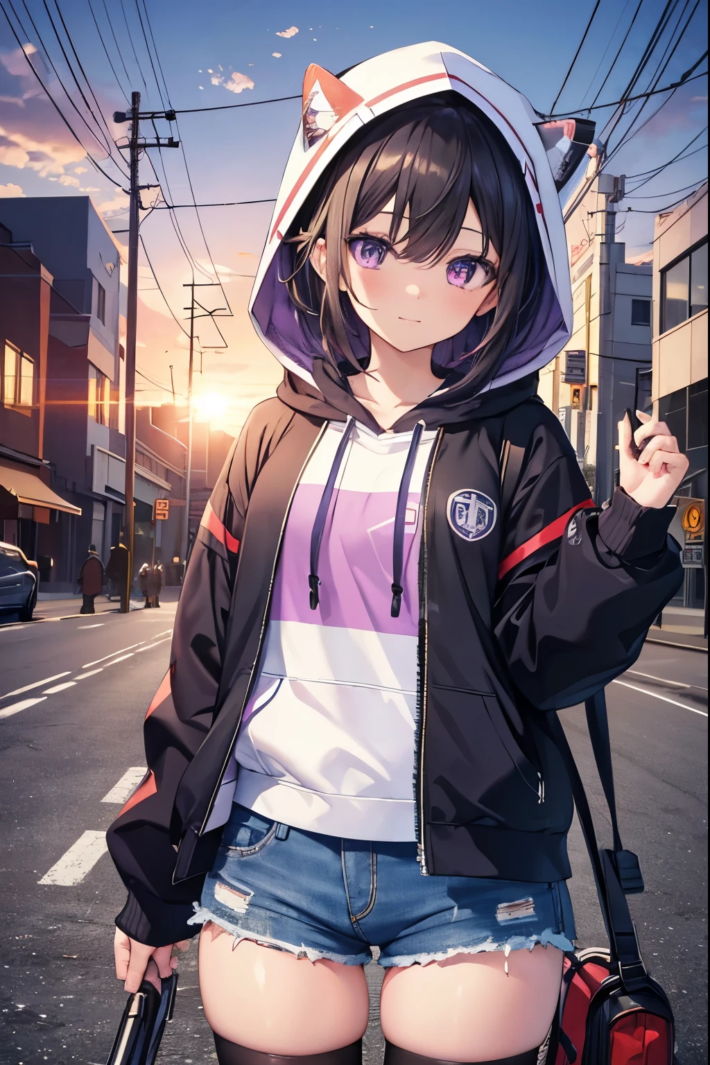 Takiuchi Kame, Check it out, Long Hair, bangs, Black Hair, (Purple eyes:1.2),blush,smile,Fun atmosphere,Blue hoodie,Wearing a hood,Short denim pants with hair tucked into the hood,Black Pantyhose,short boots,evening,sunset,The sun goes down,His hands are in his hoodie pockets,
break outdoors, city,Building Street,
break looking at viewer, (Cowboy Shot:1.5),
break (masterpiece:1.2), Highest quality, High resolution, unity 8k wallpaper, (shape:0.8), (Fine and beautiful eyes:1.6), Highly detailed face, Perfect lighting, Highly detailed CG, (Perfect hands, Perfect Anatomy),