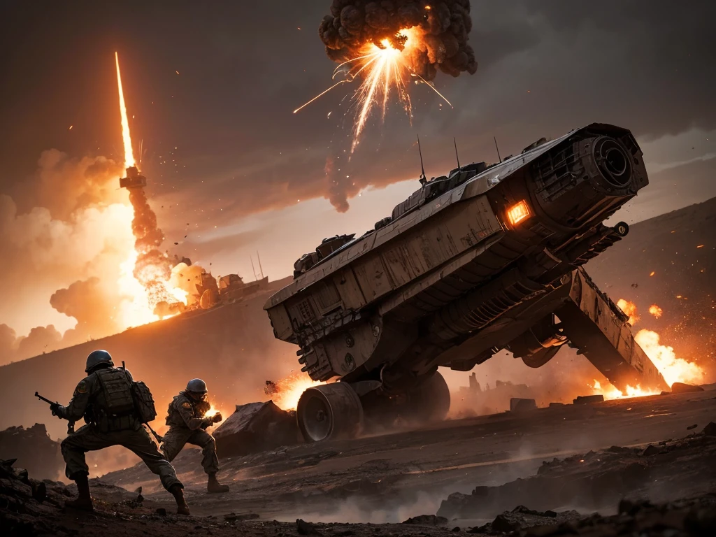 gritty military sci-fi, cinematic composition, dramatic depth of field, masterful rendering, hyper-detailed machinery, powerful explosions, heroic soldiers, awe-inspiring scale, stunning visual effects, high-octane combat, jaw-dropping spectacle