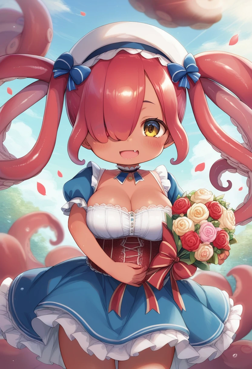 score_9, score_7_up, score_6_up, 1girl, source_cartoon, source_anime,breathtalking Scenery,watercolor,smooth soft skin, natural skin,anime screencap,mjm,rating_safe,
BREAK
(dark red skin:1.9), (:1.8), (little female child:1.8), (baby face:1.1),(6yo:),(loli tor:1.4),(mini girl:1.5),(octopus girl),(large breasts:1.1),muffin top,preschooler,,(disproportionate breasts),smile,happy
BREAK
(red tentacles hair:1.6),(red tentacles twin tails:1.6),(red hair:1.3),(long bangs:1.2),ultra cute face,(hair over one eye:1.5),(yellow eye:1.2),highlight on eyes,(fang:1.1),open mouth,(wavy mouth),tareme,smile,(Dark skin all over the body:1.9),beautiful eyes, detailed eyes, puffy eyes,
BREAK
beret,Lace,dress inspired sweet lolita,RibbChoker,Puff Sleeves,Victorian,Corset,Drop Waist,pattern on the skirt hem is octopus suckers,Octopus clothes,(1 little female child:1.2),(solo:1.2),
BREAK
looking up,upturned eyes,flowerbackground,flowergarden,flower bouquet, (digits behind bouquet:1.3), (hands behind bouquet:1.3),falling petals,
(holding bouquet:1.1), celebration, Congratulations,confetti, bloom effect,dynamicangle,pastelcolor,