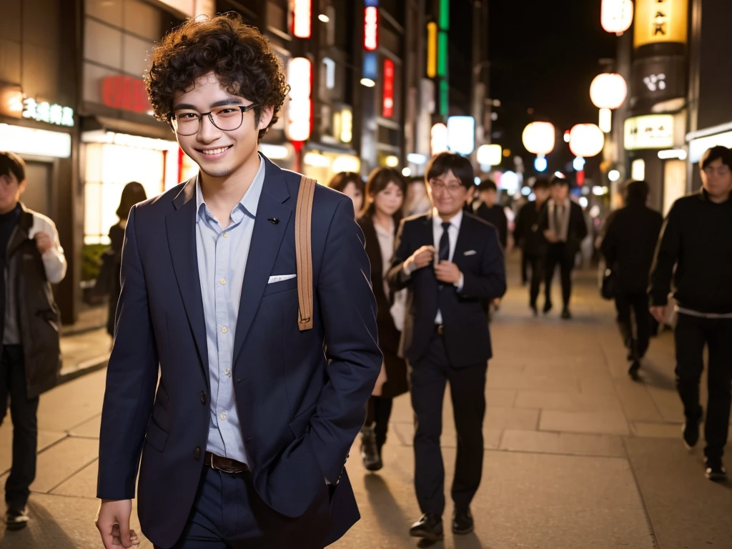 (best quality:1.2), masterpiece, Realistic, Ultra-high resolution, (((1 Japanese man:1.2))), 22 years old, Curly hair, Wearing glasses, Walking with a smile, background is Party Venue