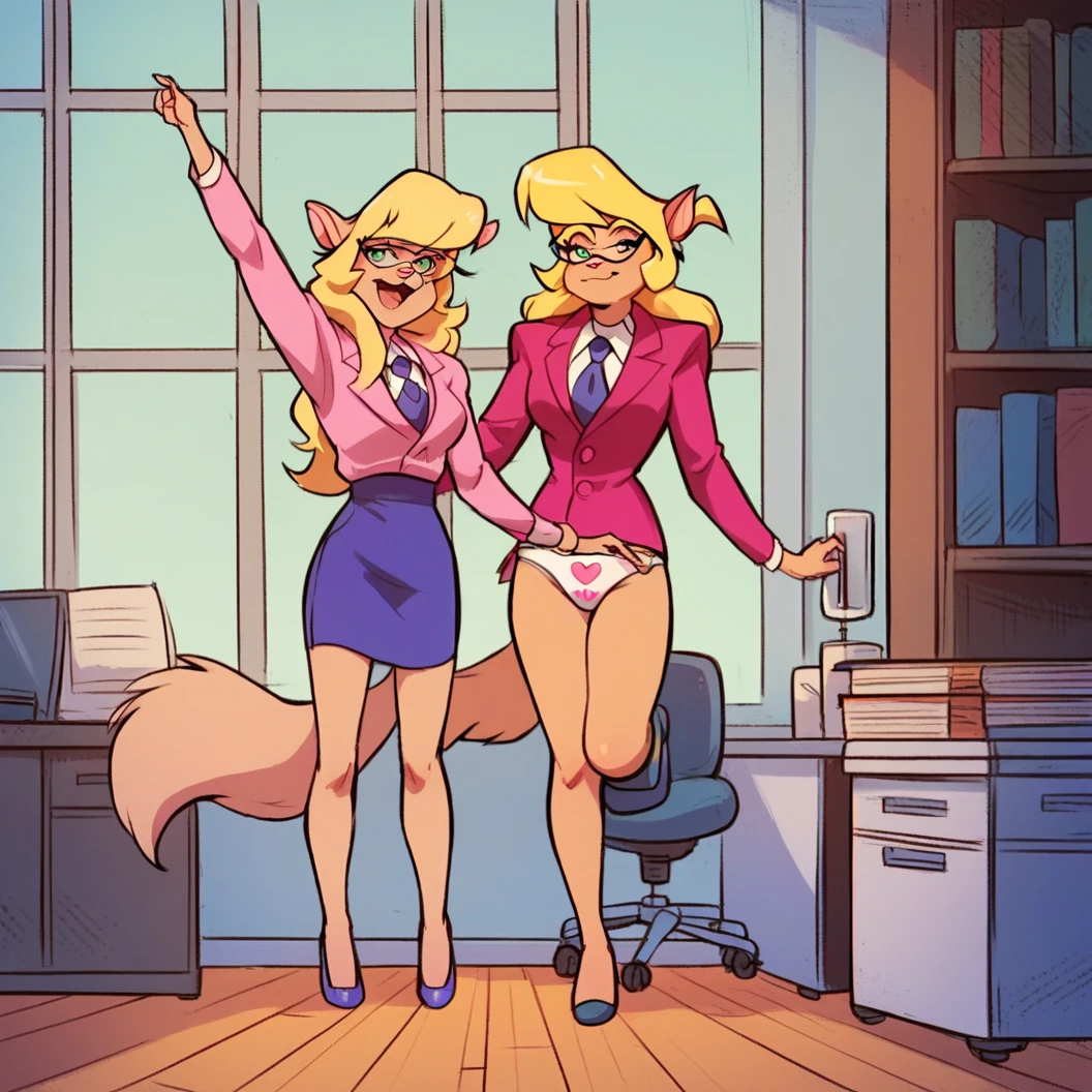 score_9, score_8_up, score_7_up, score_6_up, score_5_up, score_4_up, (Source furry), (rating safe), indoors, office, standing, glasses, callie briggs, skirtless, detailed, detailed fur, front view, no skirt, white panties with pink hearts, heart print panties, 2girls, duo, pink shirt, ballet dance, pirouette, having fun
