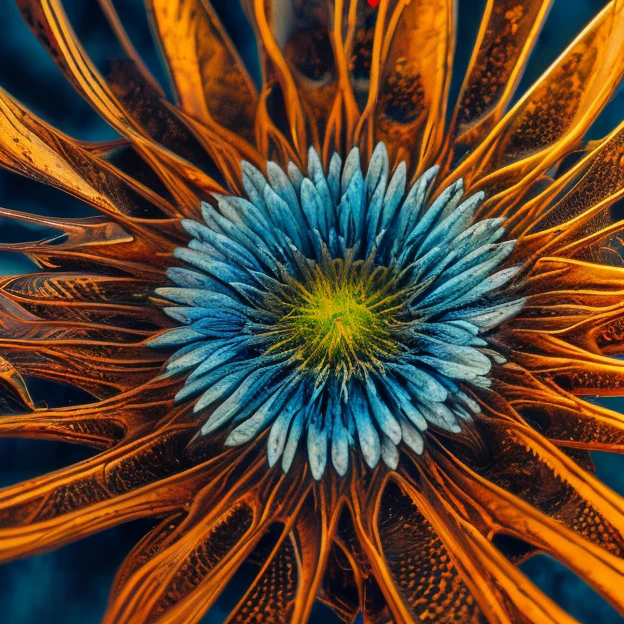 a glittering blue flower made of chromed steel, titanium, vanadium and iron, dominant blue color tonality, growing on a fractal ground,warped space scenario, fractal design, brilliant,colours, masterpiece, highly detailed, 4k resolution, 3d modelling, digital art, abstract art