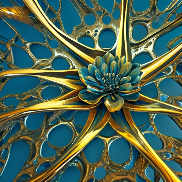 a glittering blue flower made of chromed steel, titanium, vanadium and iron, dominant blue color tonality, growing on a fractal ground,warped space scenario, fractal design, brilliant,colours, masterpiece, highly detailed, 4k resolution, 3d modelling, digital art, abstract art