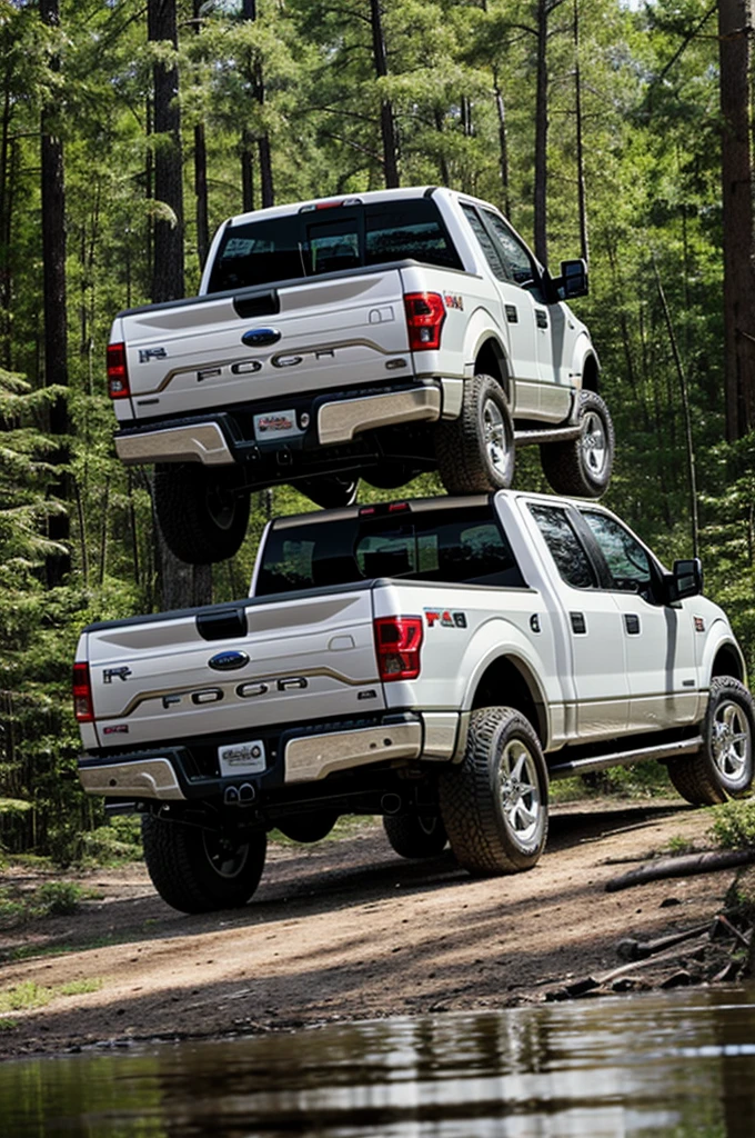 Man standing on a rock watching a 2005 Ford f-150 pickup in the distance, 4x4, 4 doors, white color in a forest