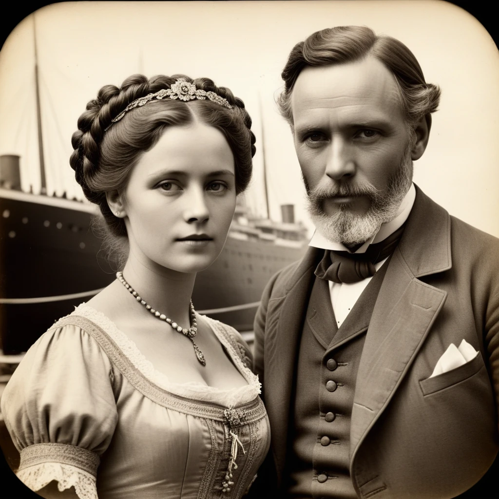 breathtaking, (finely intricate detailed:1.7)(RAW photo:1.3), (big scratches  on parts of the photo:1.8)(light sepia-toned photo) (noisy picture:0.5)    (perfectly designed  hands:1.3),  1912, a young beautiful woman with victorian dress stands at the harbour where Titanic, a giant ship, docking, preparing to sail, busy people working and boarding the ship, , black and white (19 th century daguerreotype photo quality:1.1), ( flash with magnesium:1.6) , photo shoot, the woman richly dressed, the older husband with mustache and beard standing behind . pre-raphaelitism, Auguste et Louis Lumière style. hand victorianstyle, Extremely high-resolution details, photographic, realism pushed to extreme, fine texture, incredibly lifelike westworld movie style, award-winning, professional, highly detailed