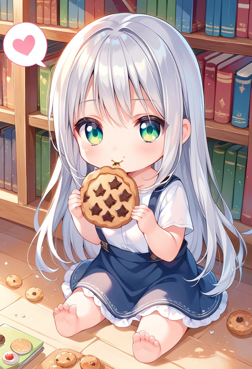 score_9, score_8_up, score_7_up, source_anime, (chibi), eating cookie, spoken heart, sitting, silver hair, emerald eyes, library background, simple background