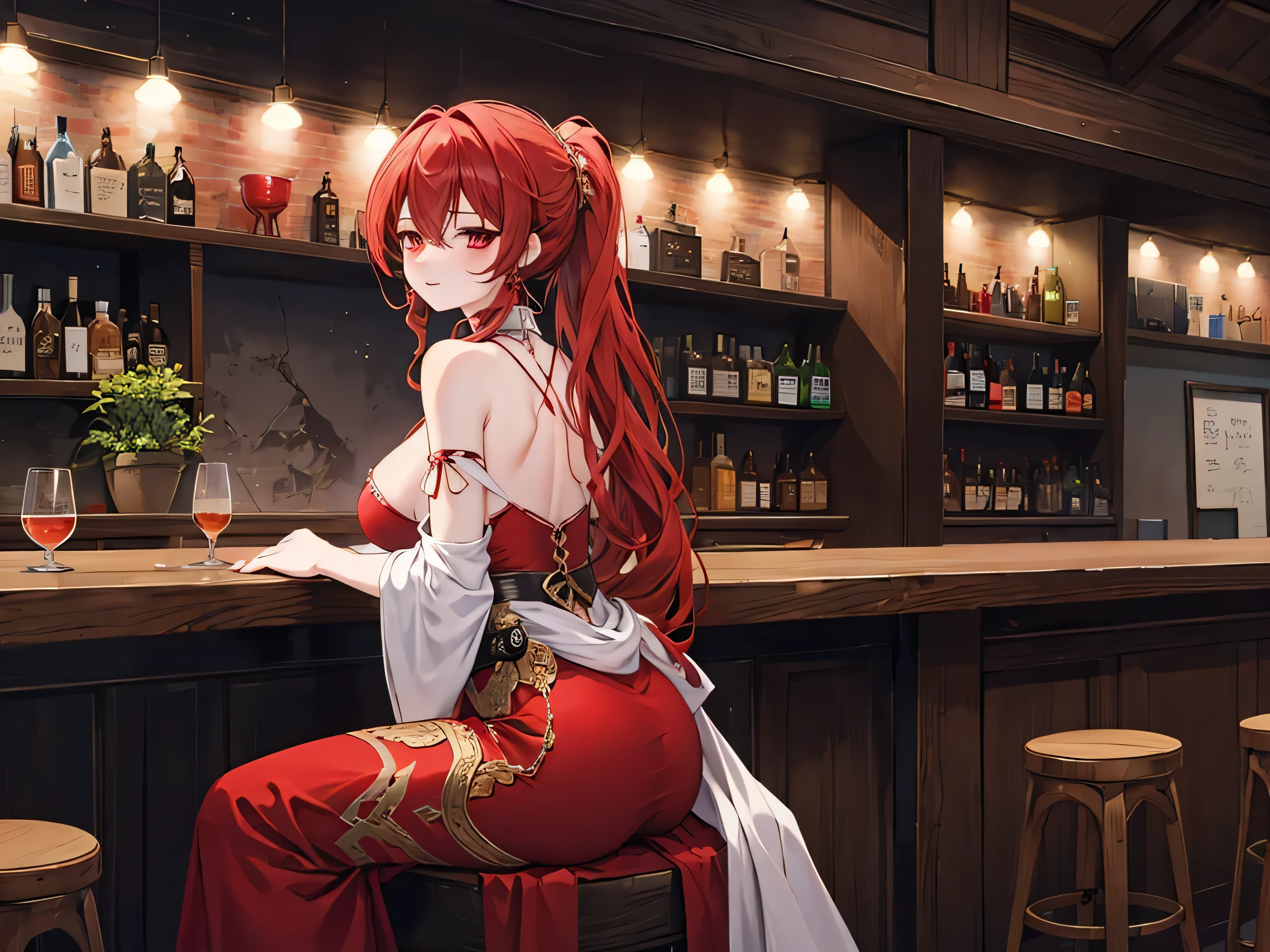 Crossing your legs, Anime style painting, An illustration, Liquor, Woman sitting at a bar drinking a cocktail, look return, return, Colorful liquor bottles are lined up on shelves in the background., Quiet bar, Calm expression, Perfect hands, elder, Redhead, Dignity at 50, Tipsy woman, alone、(Highly detailed returnground:1.0)、(Highly detailed returnground:1.0)、masterpiece、Highest quality、(babes)、Fractal Art、Red eyes、Narrow eyes、Black and red dress, Reddish lips、From the shoulders up、smile、A woman、Red Long Ponytail, Curly Hair, Red eyes,Golden accessories, alone, Big Breasts, woman, Take-out, Provocative laughter,40 year old woman,Queen of Sadism, Highly detailed returnground, Perfect Human Medicine,