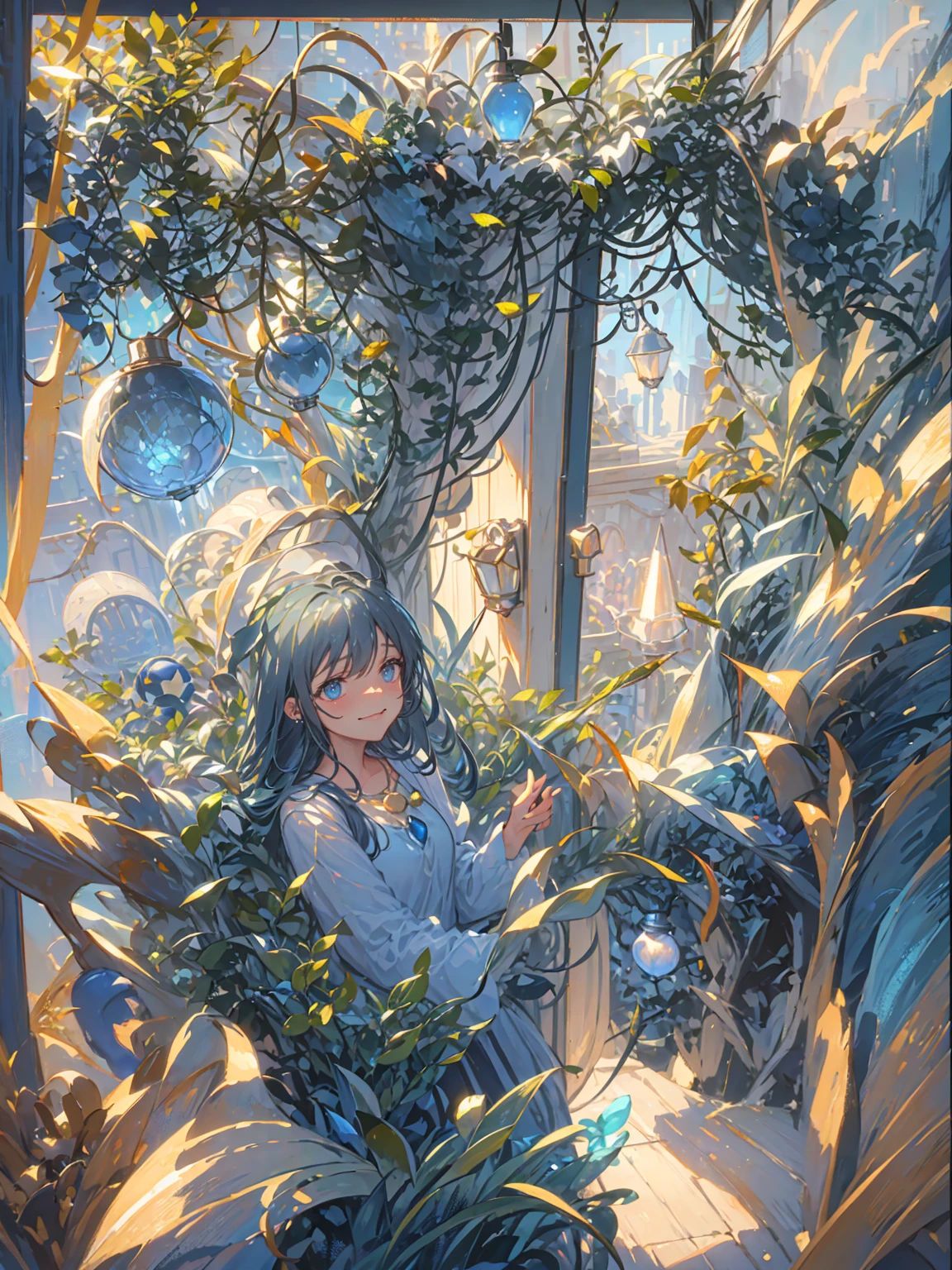 Greeting with a friendly smile, Many pendant lights, Foliage plant, Lots of windows, Blue World, Poured Light, Sparkling glass balls