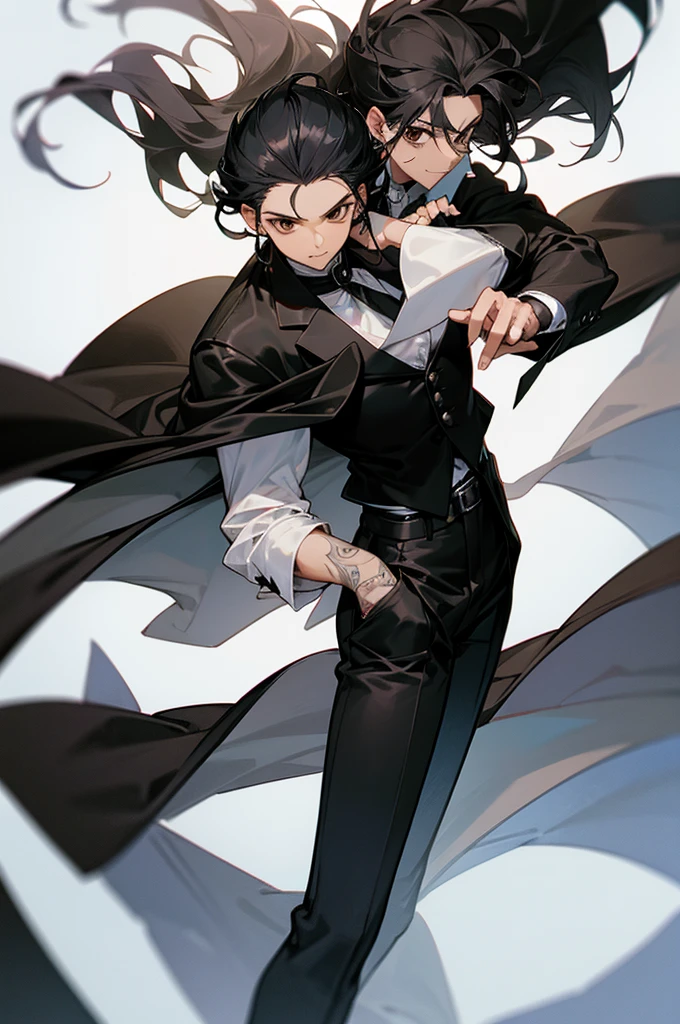 1man, young man, brown skin, brown eyes, mischievous smile, curly mid-long hair, black hair, wolfcut hairstyle, formal outfit, white shirt with rolled up sleeves, white shirt top buttons open, tattooed forearms, black kerchief around neck, black suit pants, black leather belt with silver buckle, black suit jacket, jacket over shoulders like a cape, black leather boots with silver buckles, silver rings on fingers, three silver earrings on right ear, no white skin, hunterxhunter anime style