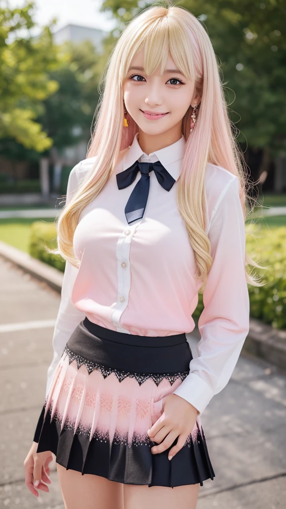 (((Ribbon & Tie、Dress shirt、blouse、high school girl、mini skirt、White background)))、forehead、Northern Europe、Russia、beautiful girl、Platinum Blonde Hair、Straight long hair、Hitting the face and front of the eyes、Big blue eyes、Sheer white and wet nightgown、Northern Europeの若者、Perfect body、White tendons、Glowing Skin、Young and beautiful skin、A perfect and beautiful little face、Bright makeup、Pale pink lips、Bright expression、16-year-old girl、lipstick、Deceptive advertising、Viewer's vision、Golden Hour Lighting、Bokeh Atmosphere Perspective、detailed、Movie Light、複雑なdetailed、High resolution、 フェイスデザインのdetailedな特徴、Attention to detail、Clear focus、Smoothness、aesthetics、Printed、Octane、{{masterpiece}}