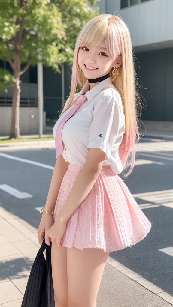Mix 4, (8K, RAW Photos, Highest quality, masterpiece: 1.45), (Realistic, photoRealistic: 1.37), kitagawa marin, (Blonde, Pink gradient hair:1.5), ((Long Hair:1.5, Sink bangs,Colorful Hair, Red eyes)),(((Indian Style)))、Japanese women, 16 years old,high school student、Model Body Type, (Big Breasts:1.1), Narrow waist, Beautiful Face, Beautiful Eyes, , jewelry,Earrings, White shirt, Shirt with tie, Black Choker, Blue tie, Checked skirt, White panties、Grin, smile, Are standing, Cowboy Shot, School yard、hight, 1 Girl, alone, Detailed face and eyes, Full body photo、Knitted clothing、Pichi Pichi