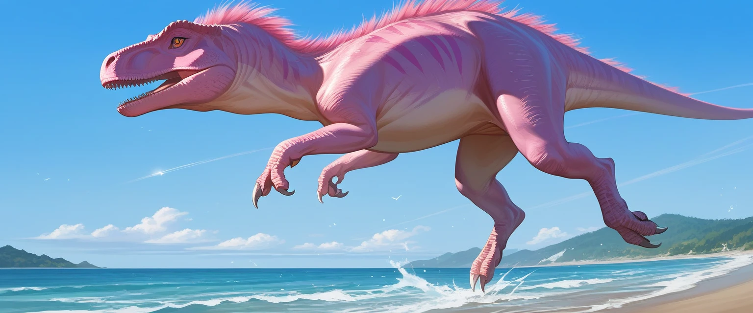 score_9, score_8_up, score_7_up, source_anime, detailed, 8k, cinematic angle, rating safe, wide shot, A pink Dinosaur is running in wild,