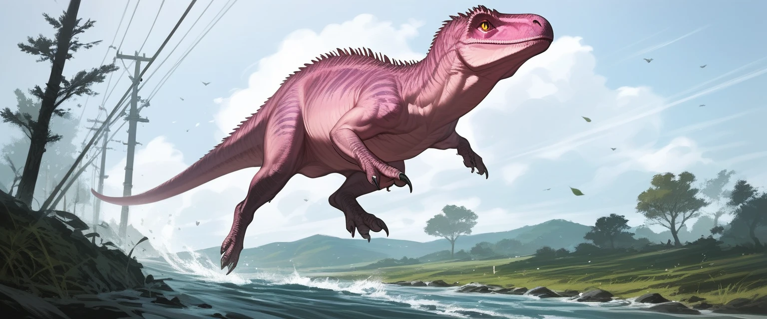 score_9, score_8_up, score_7_up, source_anime, detailed, 8k, cinematic angle, rating safe, wide shot, A pink Dinosaur is running in wild,