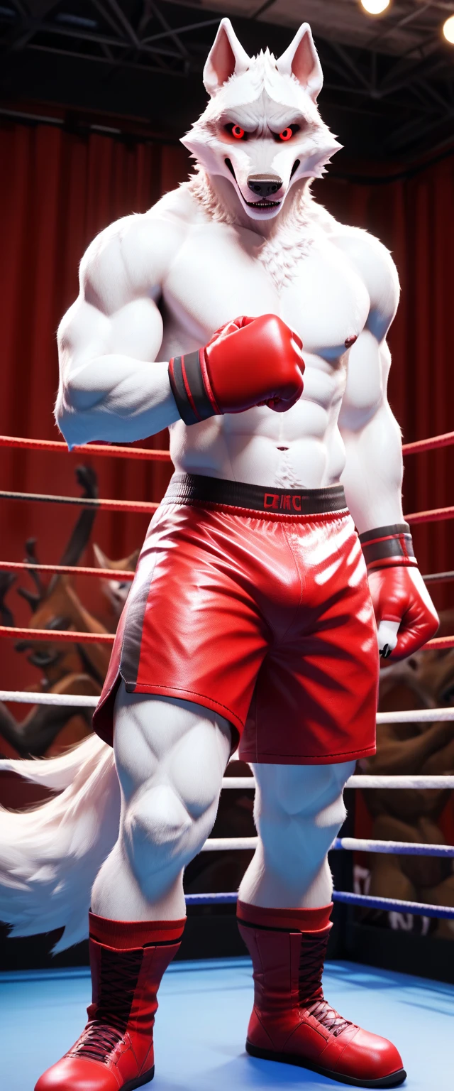 score_9, score_8_up, score_7_up, rating_rule34,source_furry,anthro,source_3D,
white wolf Alone in a fighting ring Wearing boxer gloves. (Red eyes) Looking at the viewer And those shorts that fighters wear in the UFC.