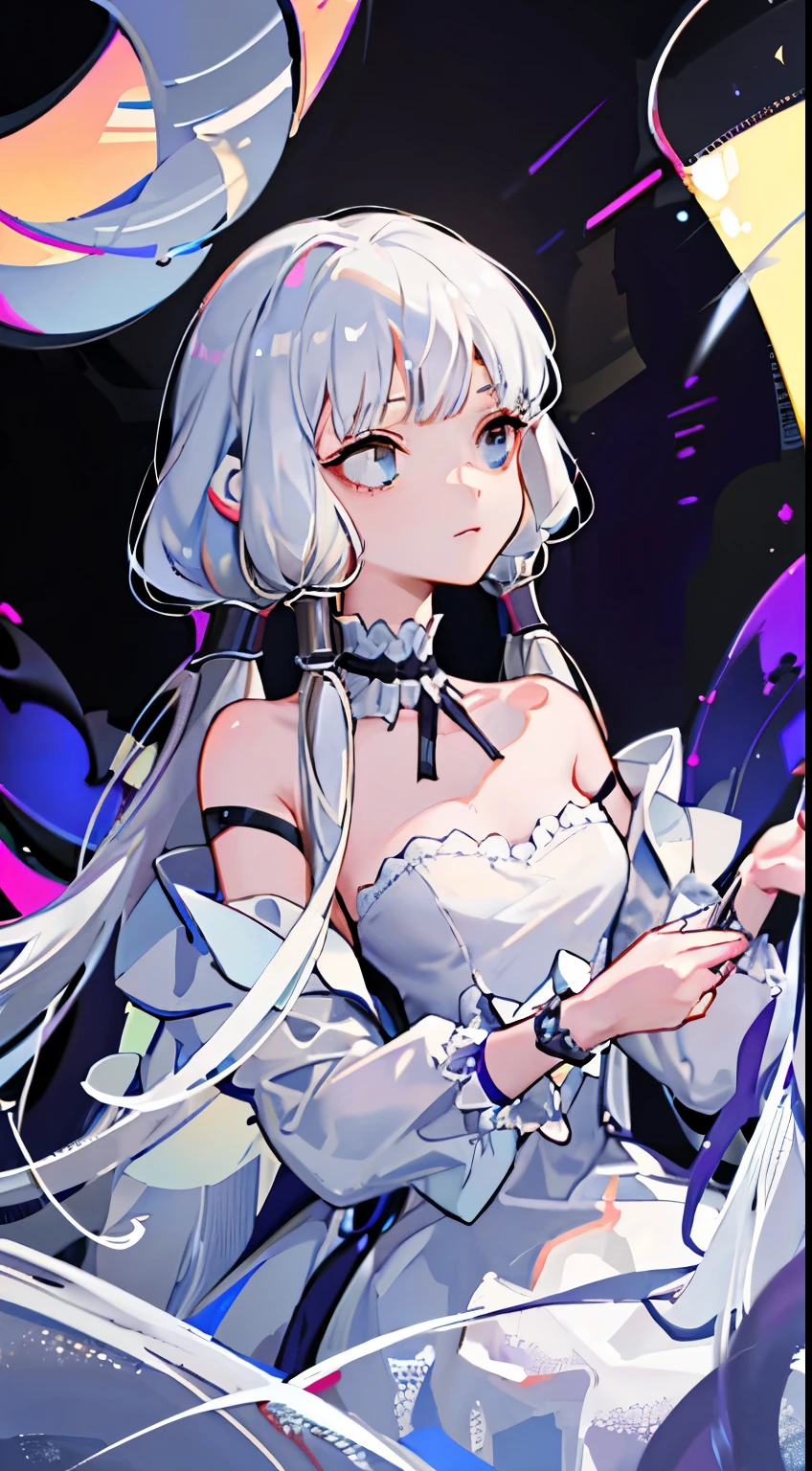 (best quality, masterpiece:1.2), Ultra-high resolution, Practical, Front lighting, Intricate details, Exquisite details and textures, 1 Girl, Solitary ,(young), Facial highlights, Upper Body, Delicate face, Tear mole, White skin, Silver Hair, Ponytail, Braided hair, Looking at the audience, big eyes, silk robe, (Hollow pattern, White, silk), earrings, Small Breasts, slim, VIP room, Professional lighting, Photon Mapping, Radiosity, Physically Based Rendering,