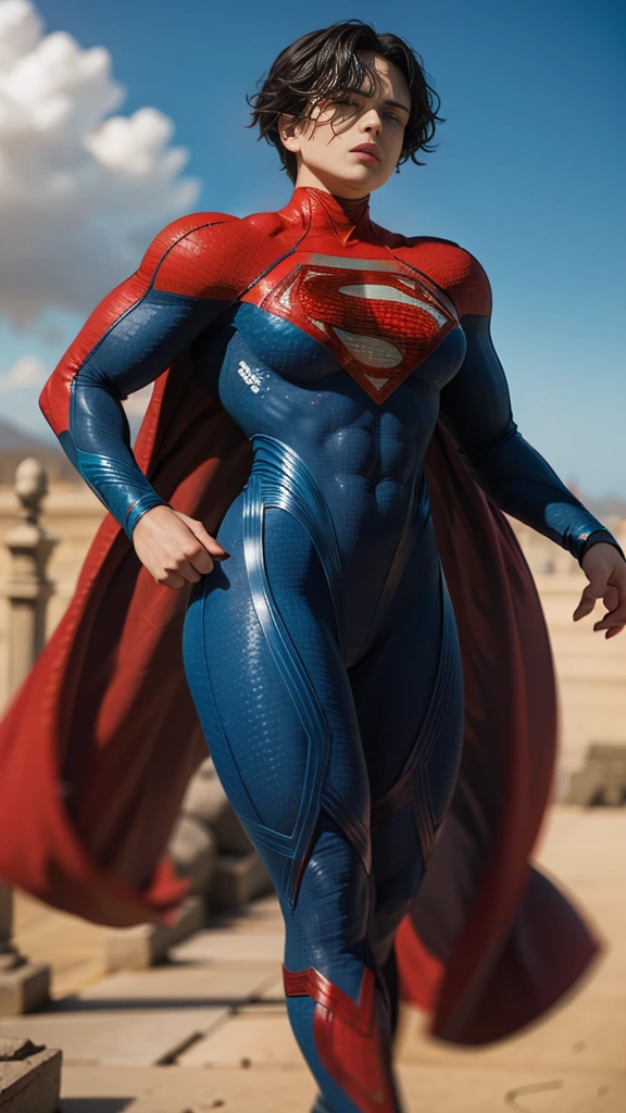 solo, 1girl, 5uper, supergirl, black hair, pixie haircut, blue eyes,muscular strong body, blue bodysuit, long sleeves, red cape,
