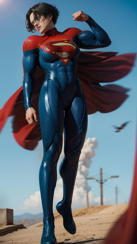 solo, 1girl, 5uper, supergirl, black hair, pixie haircut, blue eyes,muscular strong body, blue bodysuit, long sleeves, red cape,
