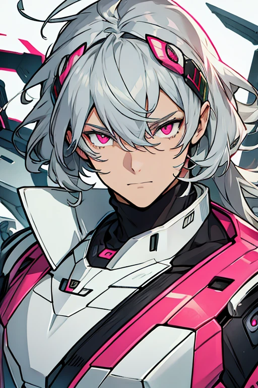 robot man, Grey hair, con hair clips, pink eyes, White sweater, cheerful