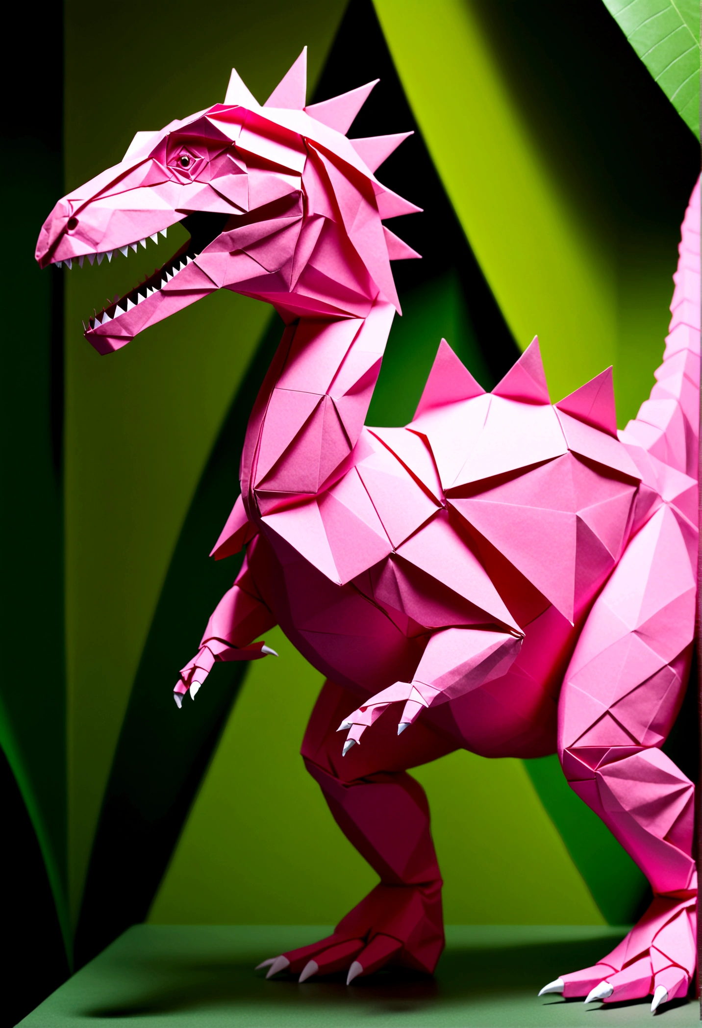 a pink dinosaur made from cut paper, Origami, very detailed cutting