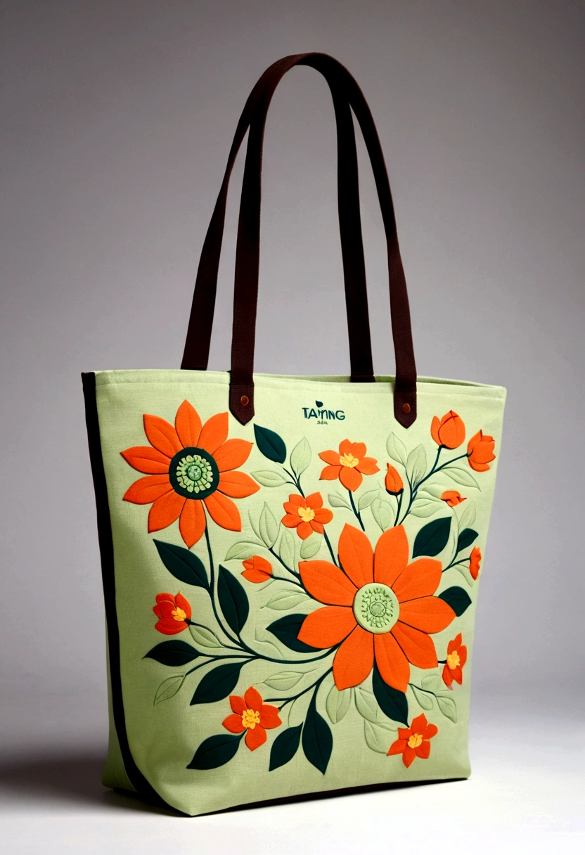 Canvas Tote Bag Design,Simplicity,modern,upscale,cute,Color blocking,Flowers,Taiping Life Insurance Logo,Orange,Light green,lattice,line,illustration,Animation,Pixar,