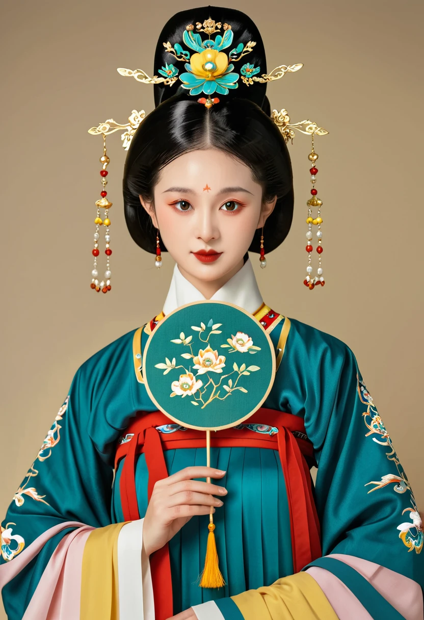 Chinese classical girl portrait,symmetry,Round Face,Bright Eyes,Smooth skin,Chinese Song Dynasty official uniform,egotistical,Official hat,Holding a round fan,Clean background