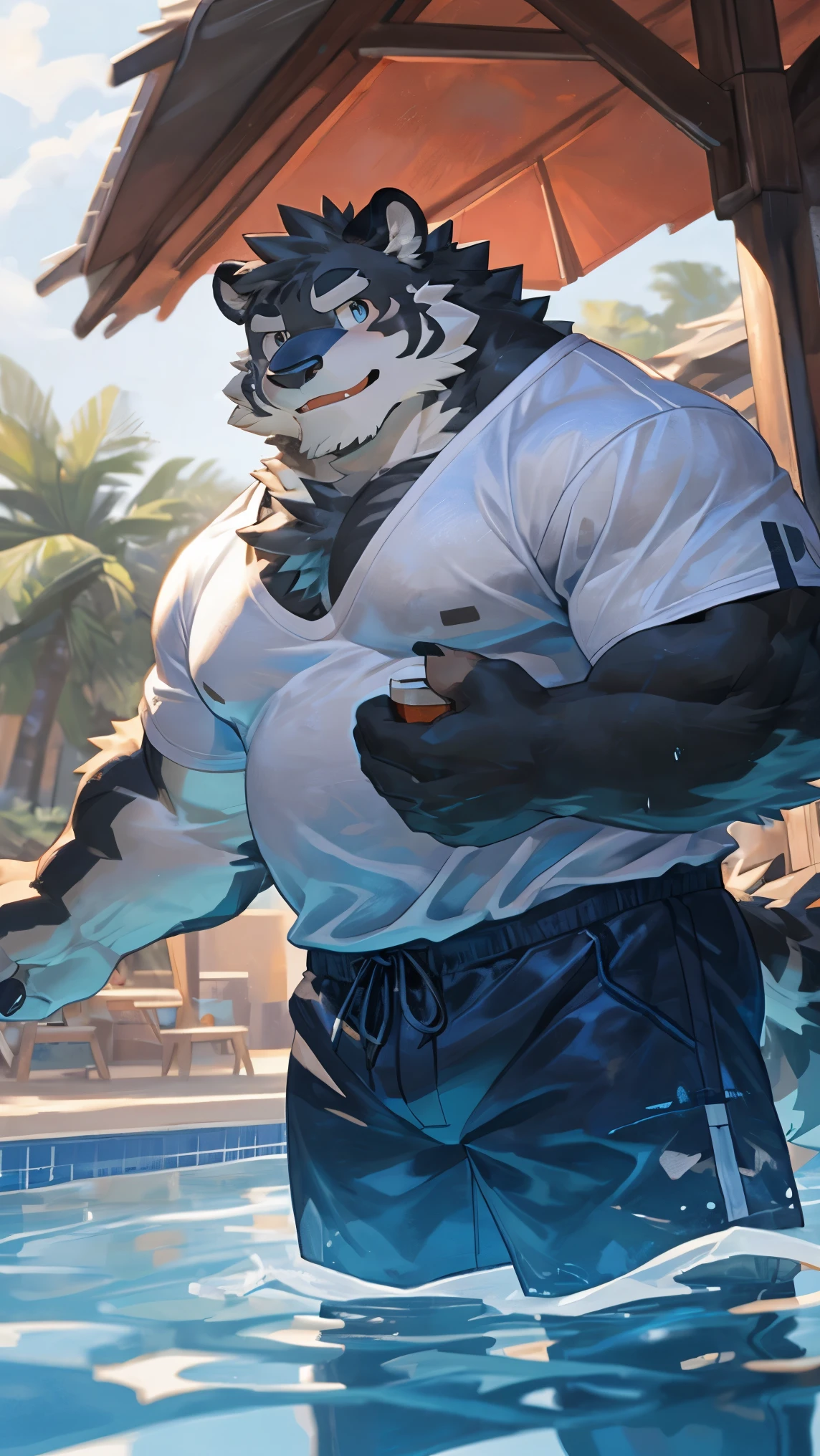 solitary, ((Fluffy fur, Fluffy, hairy body)), detailed Fluffy fur, Delicate face, delicate Eye, Dynamic poses, (Extremely detailed), Be focused, Genji, Eye, hairy, (Gray black fur:1.5), White beard, human nature (black tiger), chest hair，male, middle aged, White belly, Increase chest muscles(((muscular))), (Endomorph:0.4), Not too fat, rest ((White T-shirt，Black swimming trunks，Exposing breasts，wet)), ultra Delicate face, High Detail, high quality, (best quality,4K,8K,high resolution,masterpiece:1.2), (close up:1.3), author：Takemoto Arashi, From kulplant, author：Ghost of the Void, From raccoon21, Dynamic Lighting, Smile, (whole body:1.4), Looking at the audience, eternal, close up肖像, indoorhigh resolution, 用hand托住肚子, hand.,详细的hand,咧嘴Smile,swimming pool