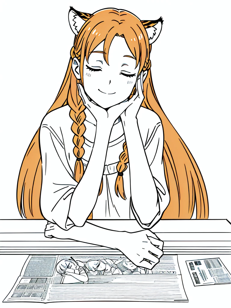 1girl,20 years old,solo,mature female,tiger ears,long hair,(twin braids),orange hair,casual,(white background,line drawing),closed eyes,open mouth,smile,from front,pov across table,waving, waving arm,hand_on_own_face, head_rest, hand_on_own_cheek