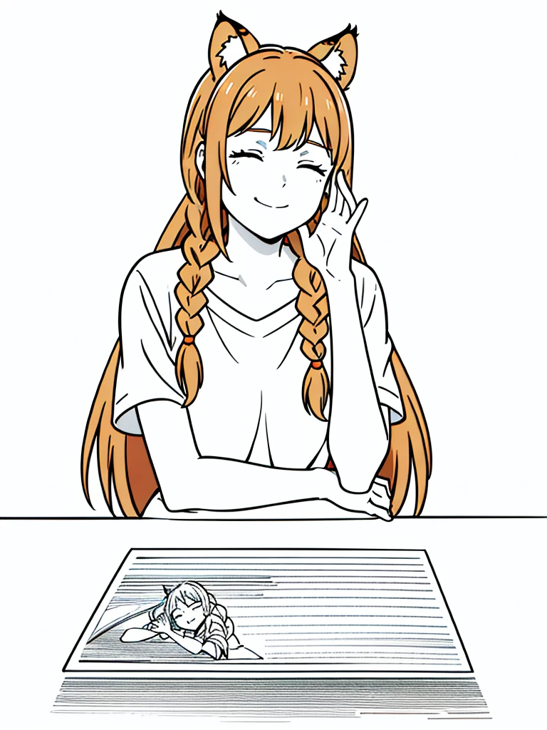 1girl,20 years old,solo,mature female,tiger ears,long hair,(twin braids),orange hair,casual,(white background,line drawing),closed eyes,open mouth,smile,from front,pov across table,waving, waving arm,hand_on_own_face, head_rest, hand_on_own_cheek