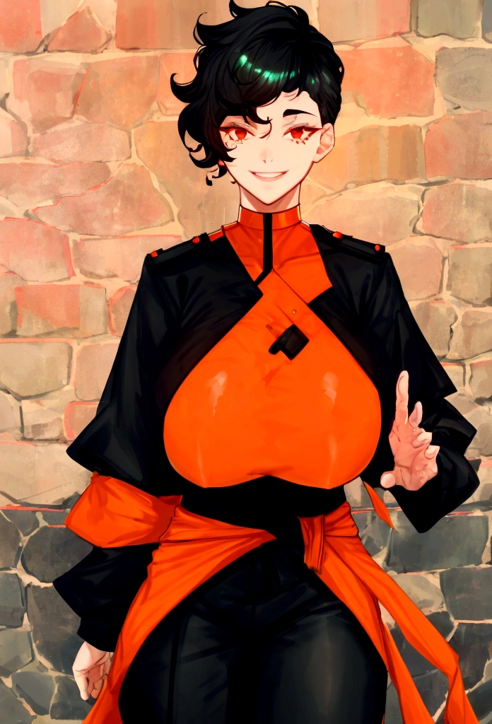 Cartoon adult man, black curly hair, hair cut on the sides, orange blouse, red eye color, with happy face smiling, from the waist up, simple white background