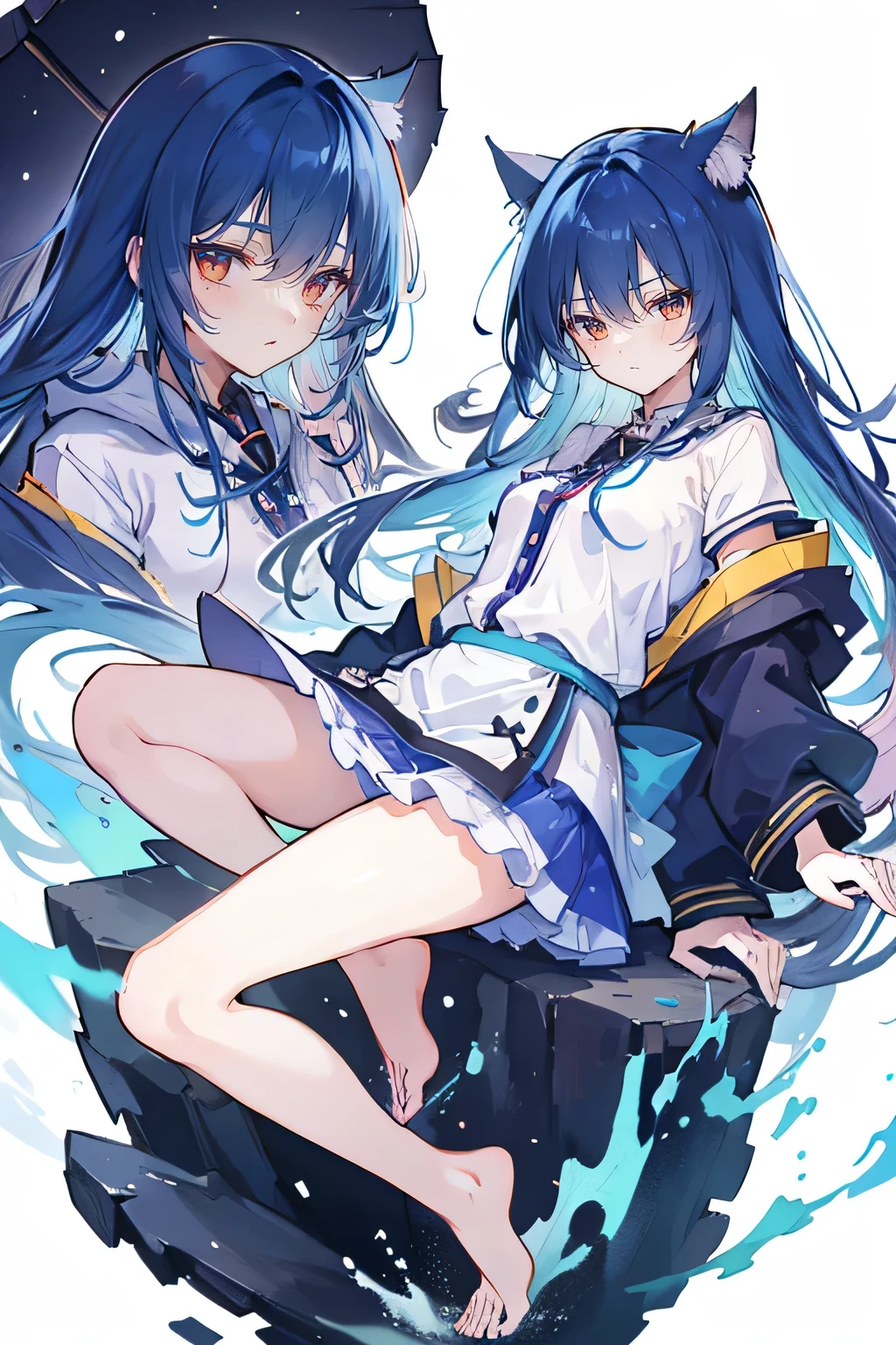 (masterpiece:1.2),Super detailed,lifelike,Expressive eyes,fair skin,perfect face shape,1 girl,
Japanese comics,Gorgeous blue hair,flowing blue hair,flowing clothes,Cat ears,Petals fall,beautiful lola,Baby Angel,sunrise,
Shaking head with one hand,Cross your legs,Gentle and peaceful background,The pavilion is cool and comfortable,smile, wearing hoodie, background of tokyo,back views,snowing, winter,seaside,wet clothes,A smile,A faint smile,。dark blue gradient hair,asymmetrical hair,((Hair is very thick 1.8,Chiseled hair 1.6)), Hair over the shoulders, Messy hair, Very long hair, shiny hair,(long dark blue hair:1.2),A beautiful girl,(Transparent clothes transparent 1.8),Perfect body,Big thin legs,slender,(Looks very sad,Looks haggard ,sadness,shut your mouth:1.2) Against the backdrop of an unusually bright dark starry sky,(Put your hands behind your back),(round,Room, Strong breasts),barefoot,float,water surface,(long legs,long legs,long legs,Complete)