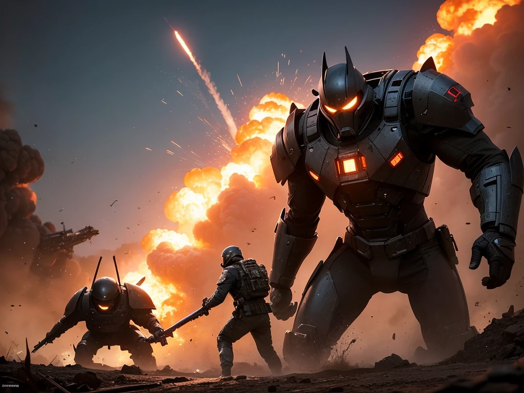 gritty military sci-fi, cinematic composition, dramatic depth of field, masterful rendering, hyper-detailed machinery, powerful explosions, heroic soldiers, awe-inspiring scale, stunning visual effects, high-octane combat, jaw-dropping spectacle