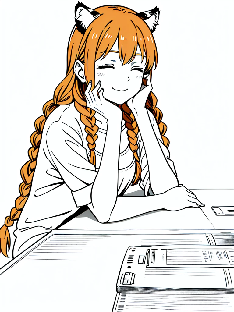 1girl,20 years old,solo,mature female,tiger ears,long hair,(twin braids),orange hair,casual,(white background,line drawing),closed eyes,open mouth,smile,from front,pov across table,hand_on_own_face, head_rest, hand_on_own_cheek