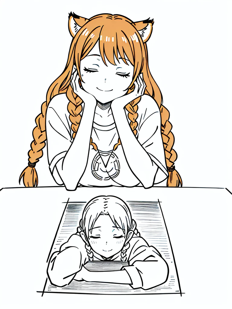 1girl,20 years old,solo,mature female,tiger ears,long hair,(twin braids),orange hair,casual,(white background,line drawing),closed eyes,open mouth,smile,from front,pov across table,hand_on_own_face, head_rest, hand_on_own_cheek